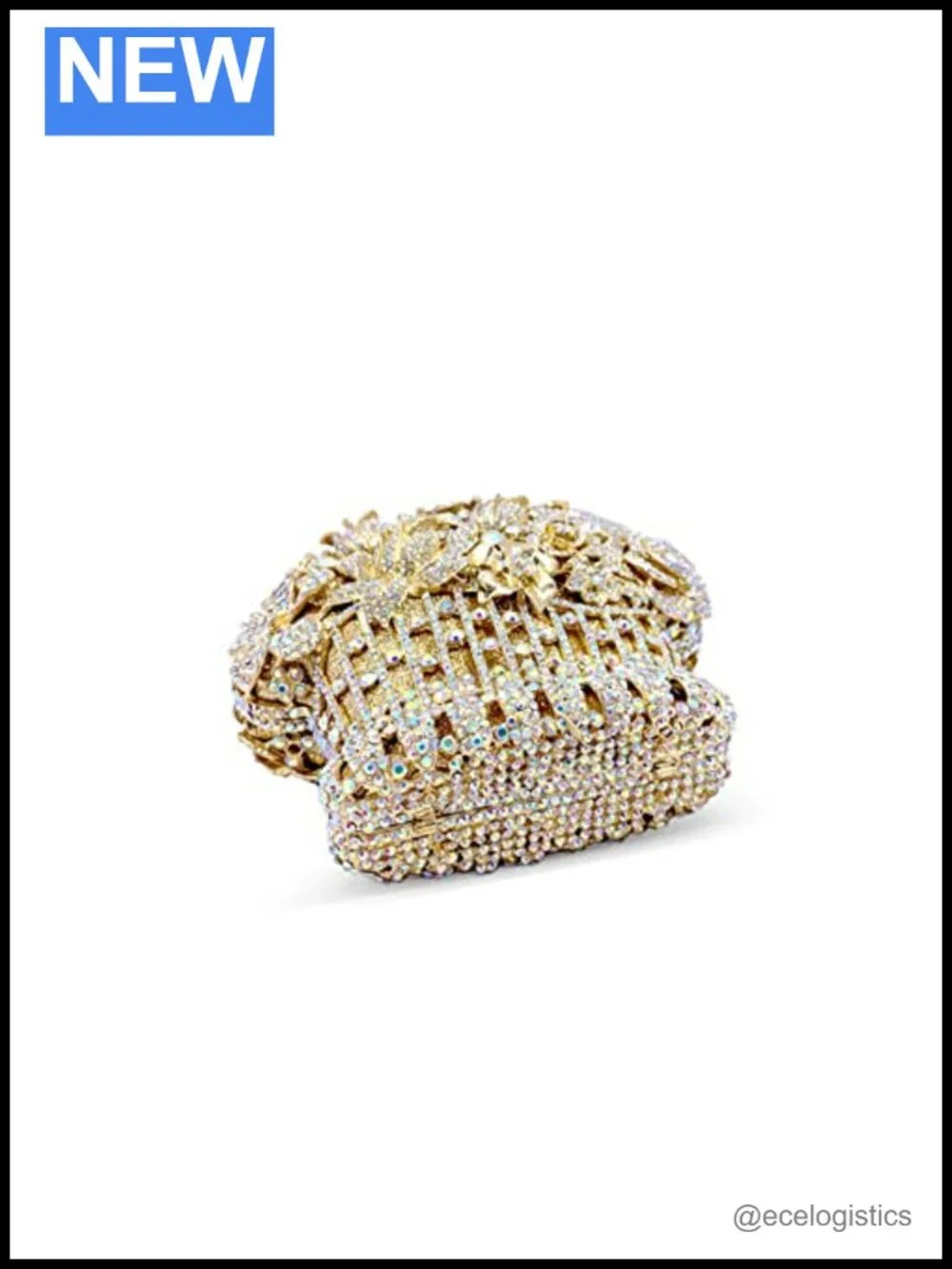 Sparkly Rhinestone Basket Clutch Evening Bag Faux Leather Chain Strap